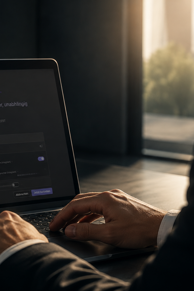 Mann sitzt am Computer im Home Office und loggt sich ins Webinar ein – AI generiert