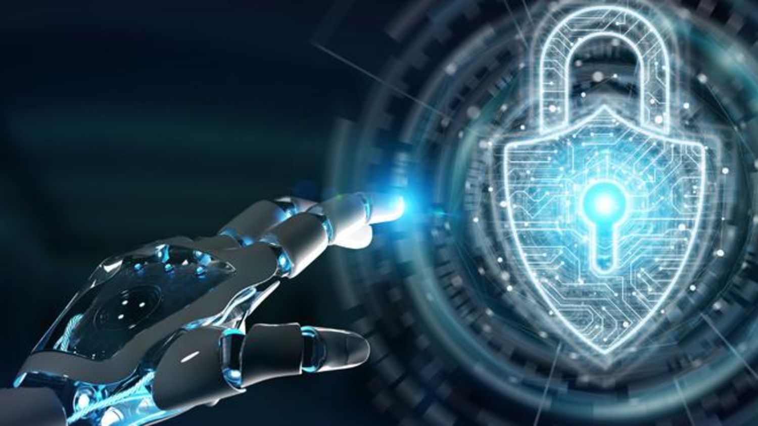 Roboterhand zeigt auf leuchtendes Vorhängeschloss