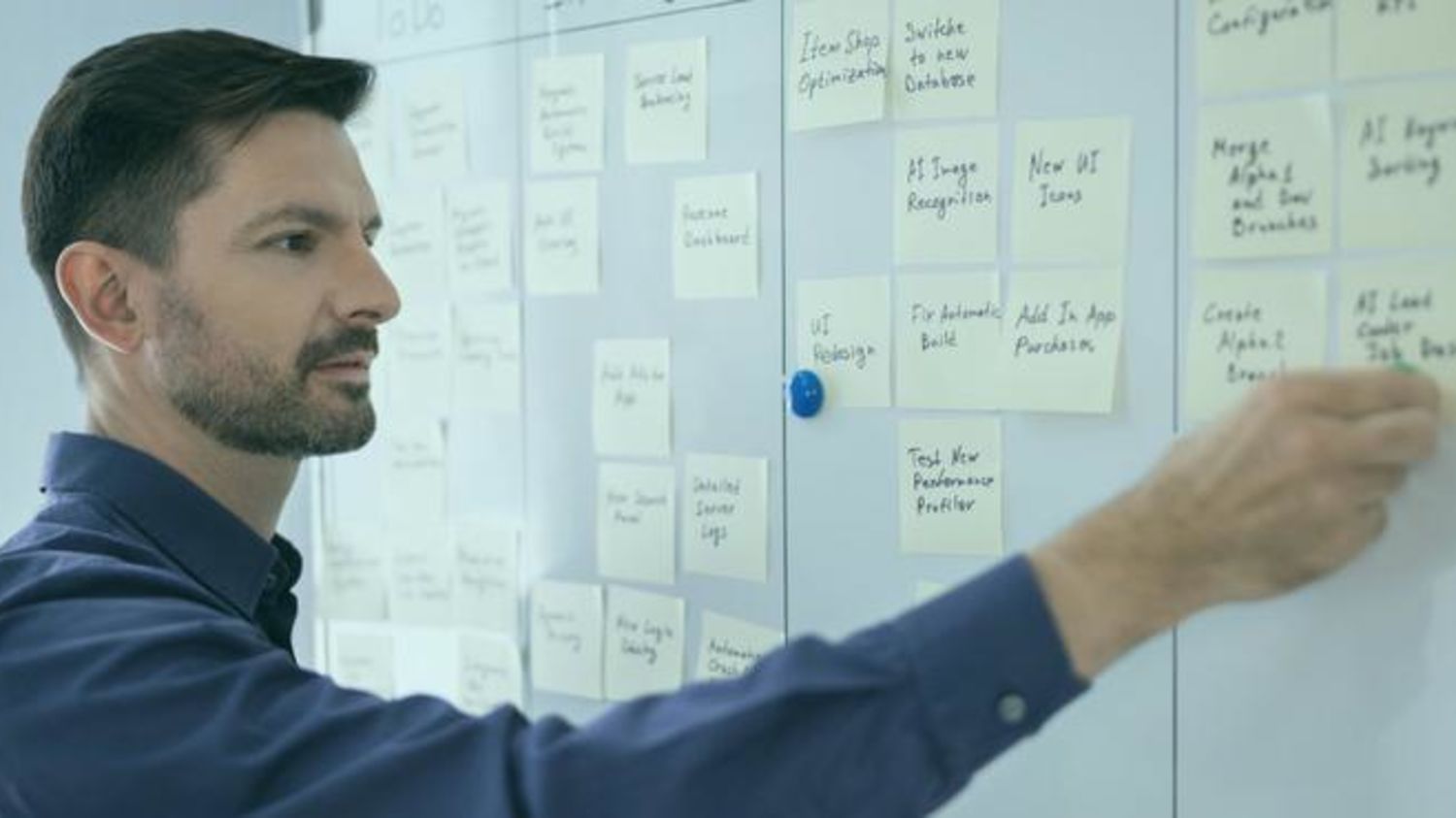 Ein Mann steht vor einem Whiteboard mit vielen beschrifteten Post-its