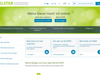 Screenshot der Startseite des ELSTER-Portals