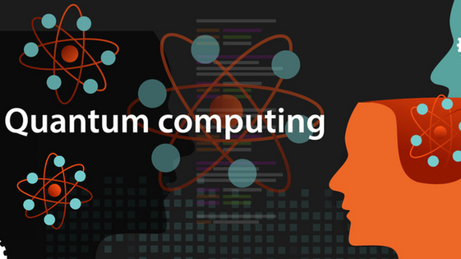 Schriftzug "quantum computing" neben der Umrisszeichnung von Köpfen